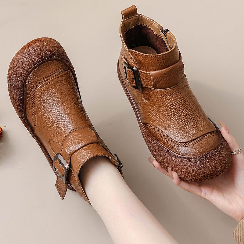 Genuine Leather Women Ankle Boots Plush Side Zipper Snow Boots Autumn/winter New Simple Retro Warm Casual Flat Mom Cotton Shoes