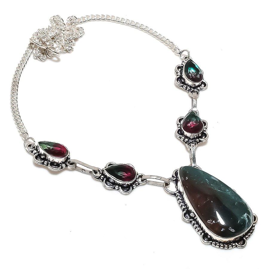 Natural Bloodstone, Pearl Gemstone 925 Sterling Silver Jewelry Necklace 18" r4q82