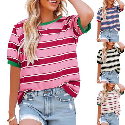 Dames gestreept contrastkleur losse ronde hals korte mouw casual T-shirt