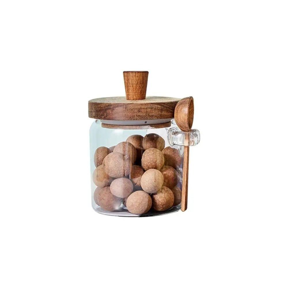 with Wooden Lid Coffee Bean Storage Jar With Wood Spoon Clear Spice Storage Tank  Seasoning