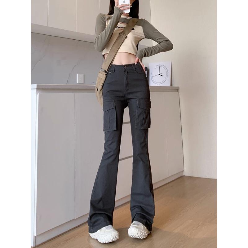 Women's Gray Micro-Flare High-Waisted Cargo Pants, 2025 Spring/Summer Collection - Slimming Multi-Pocket, Floor-Length