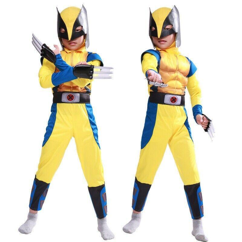 Exquisites blau-gelbes Wolverine-Muskelkostüm für Kinder und Erwachsene, ideal für Halloween-Partys