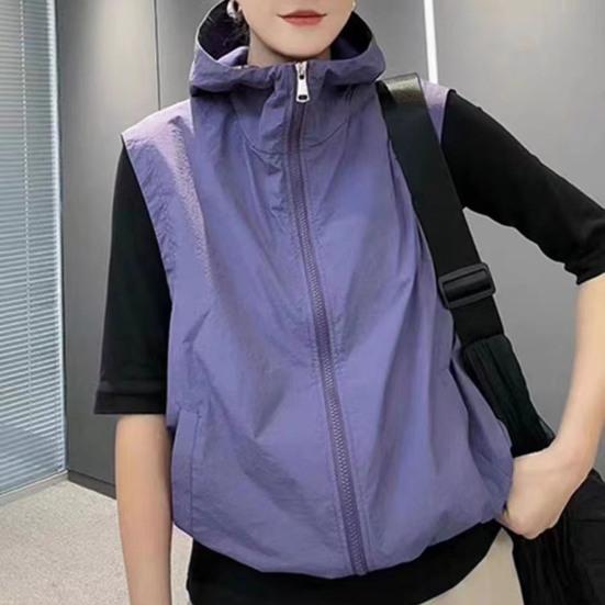 Women Ves Hooded Cardigan Sleeveless Drawstring Loose Sun Hem Solid Color Zipper Closure Protection Casual Sports