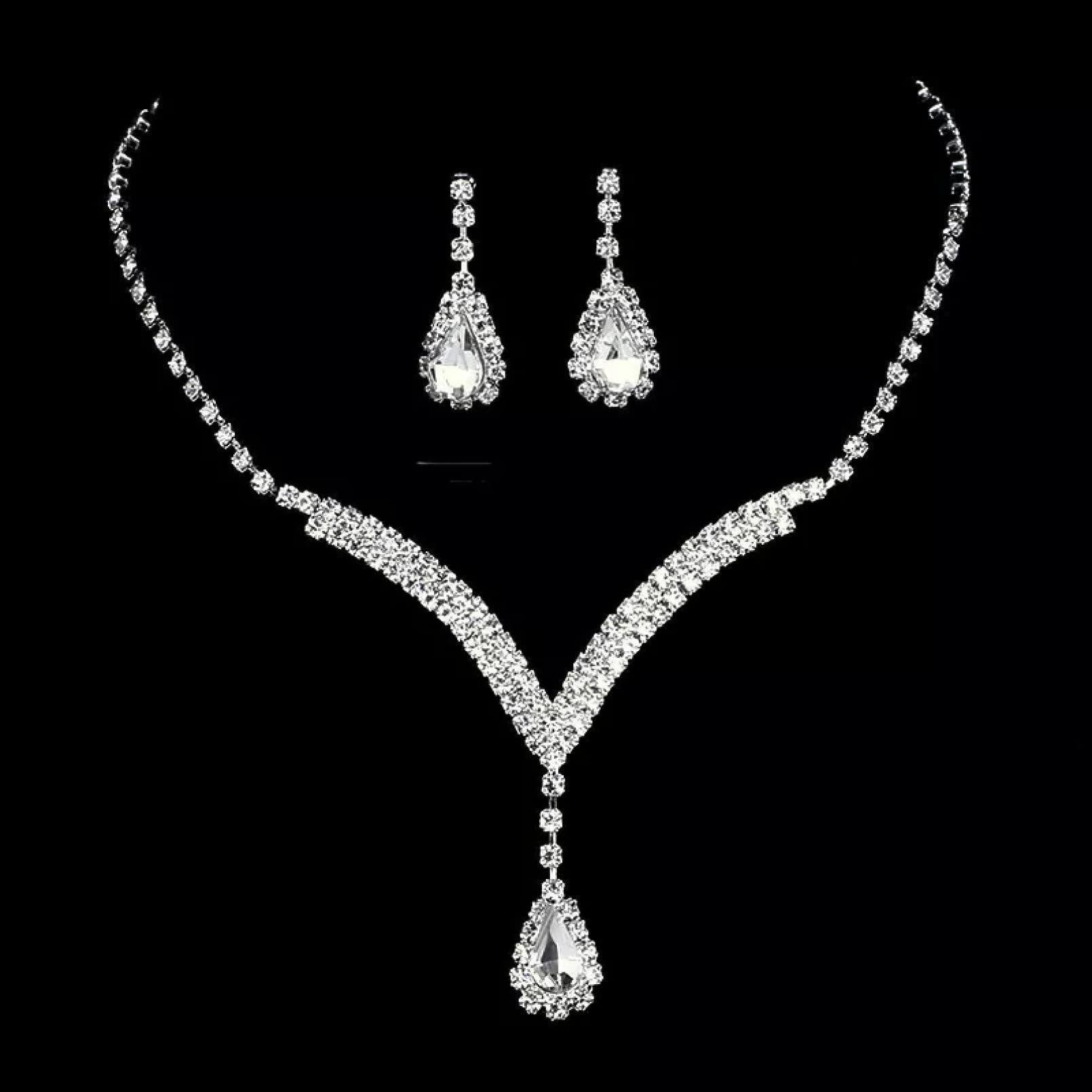 Crystal Rhinestone Teardrop Pendant Necklace  Earrings Set – Elegant European American Fashion Jewelry for Women