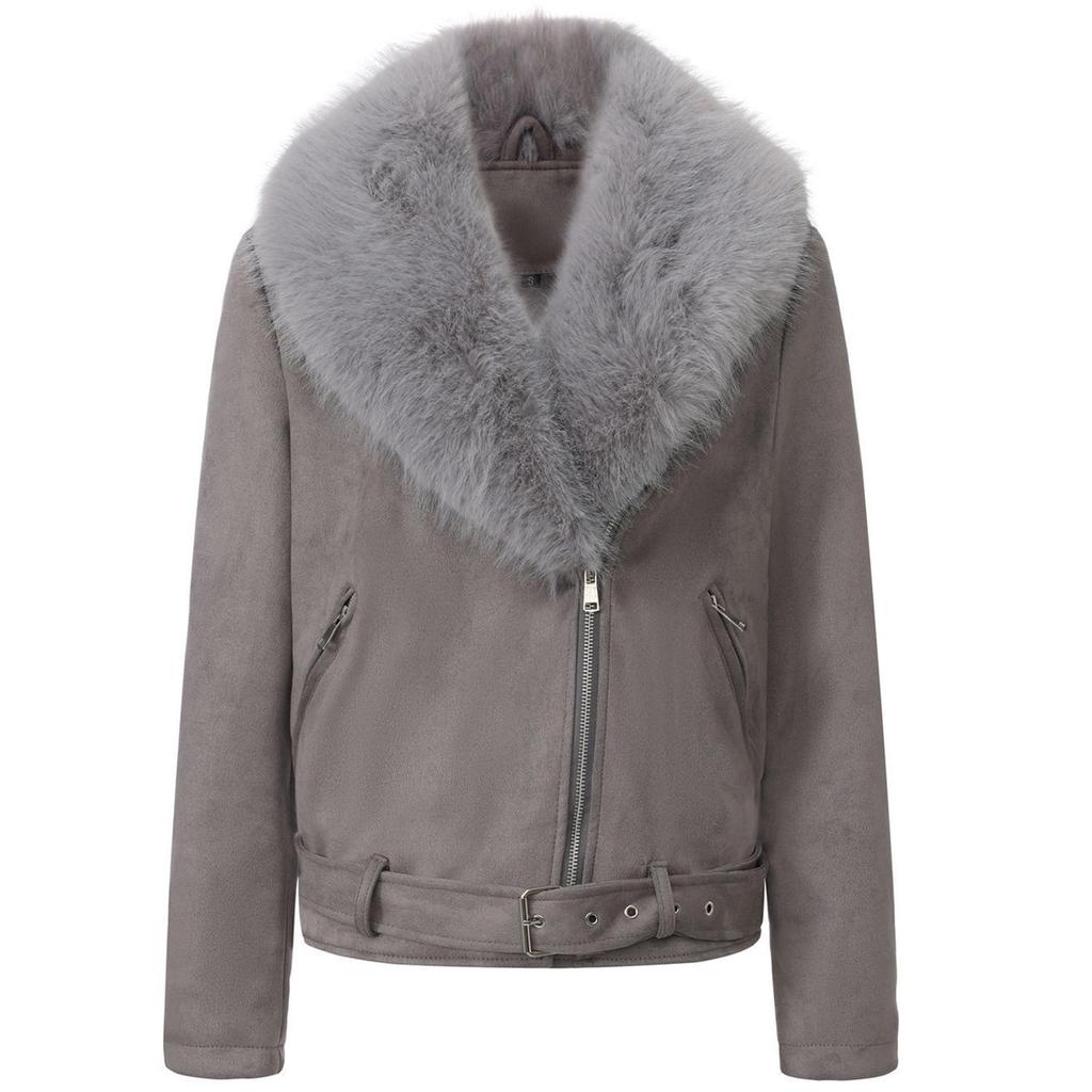 Women’s Faux Fur Coats 2 Way Wear Outfit Detachable Fur Collar Zipper Jacket Matte Faux Suede Crop Top Stylish Motobike Wear