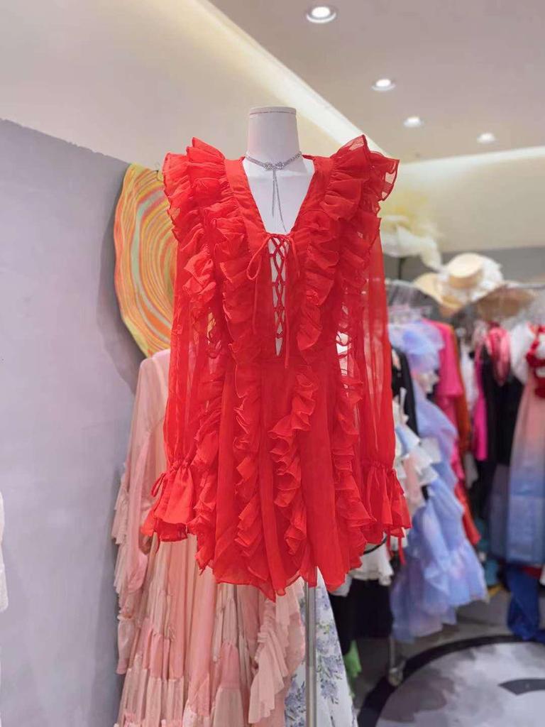 Shisanhang 2024 Spring/Summer V-Neck Ruffled Waist Sweet Fairy Dress