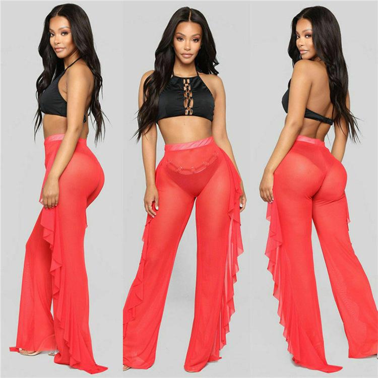 Rüschen Einfarbig Lässige Sexy Mesh-Hose Durchsichtige Strandurlaubshose für Damen