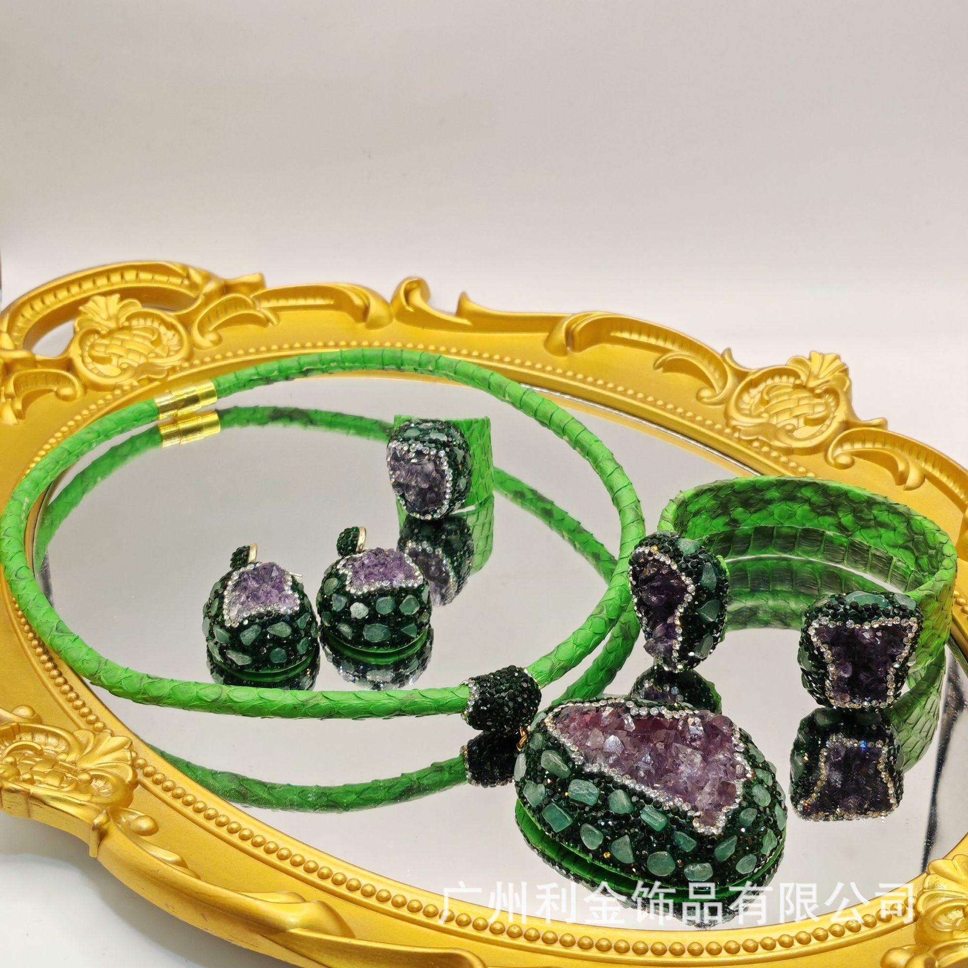 Новый набор с аметистом, высококачественное ожерелье-чокер из уругвайского аметиста с узором «змеиная кожа», четыре ювелирных изделия.