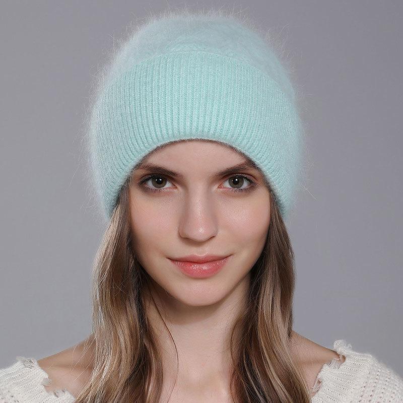 Women's Winter Angora Rabbit Hair Knitted Fried Dough Twist Double Flanging Warm Versatile Wool Hat