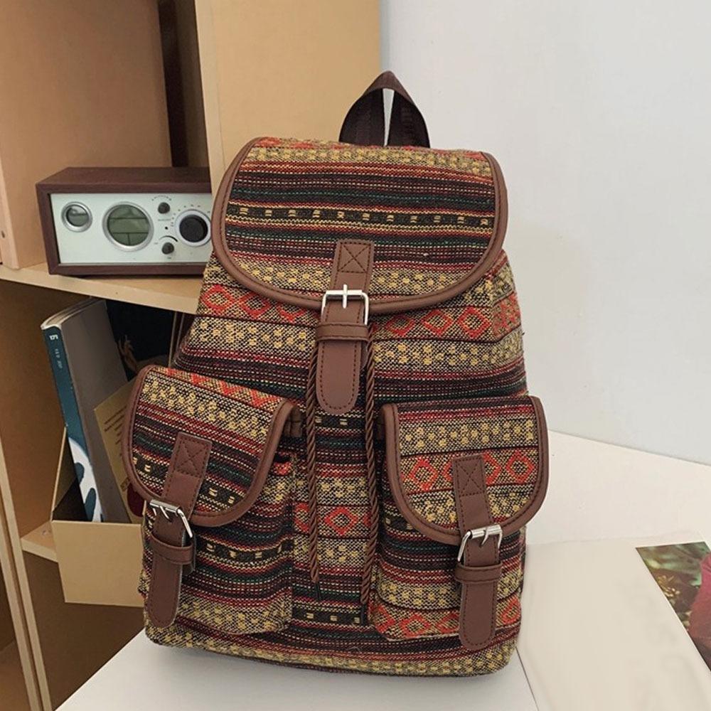 Fashion Ethnic Style Shoulders Backpack Adjustable Strap Large Capacity Kids Schoolbag Casual Plaid Travel Rucksack