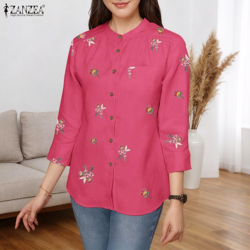 ZANZEA Γυναικεία Καθημερινή Μπλούζα με Στρογγυλή Λαιμόκοψη, Μανίκια 3/4, Φαρδιά Γραμμή και Φλοράλ Μοτίβο