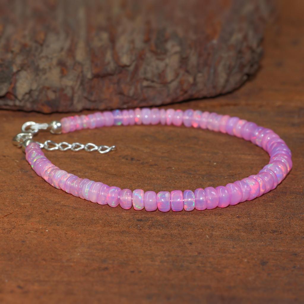 Pink Opal Smooth Beads Bracelet for Women, Ethiopian Opal Beads Handmade Bracelet, October Birthstone Beaded Bracelet, Gift for Her