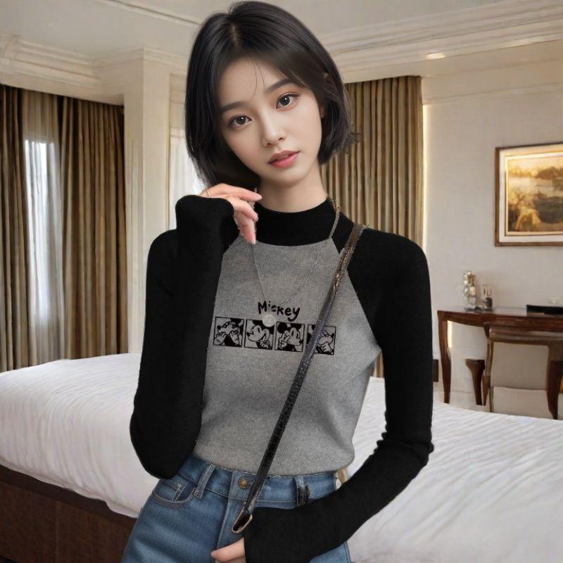

German Velvet Raglan Color Block Slimming Turtleneck Long Sleeve Women s T-Shirt 3XL [145-160 lbs]