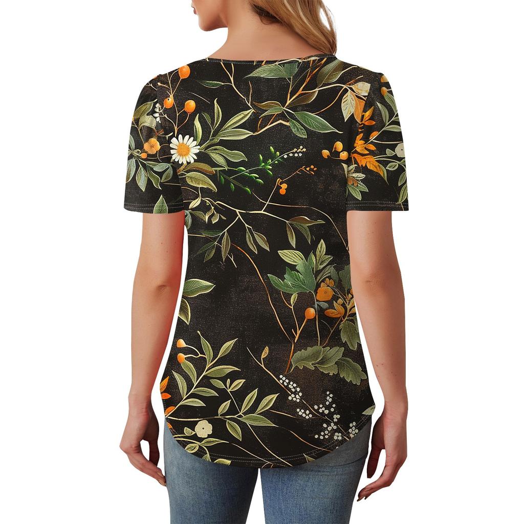 Dámský módní ležérní svetr s kulatým výstřihem a knoflíkem s krátkým rukávem