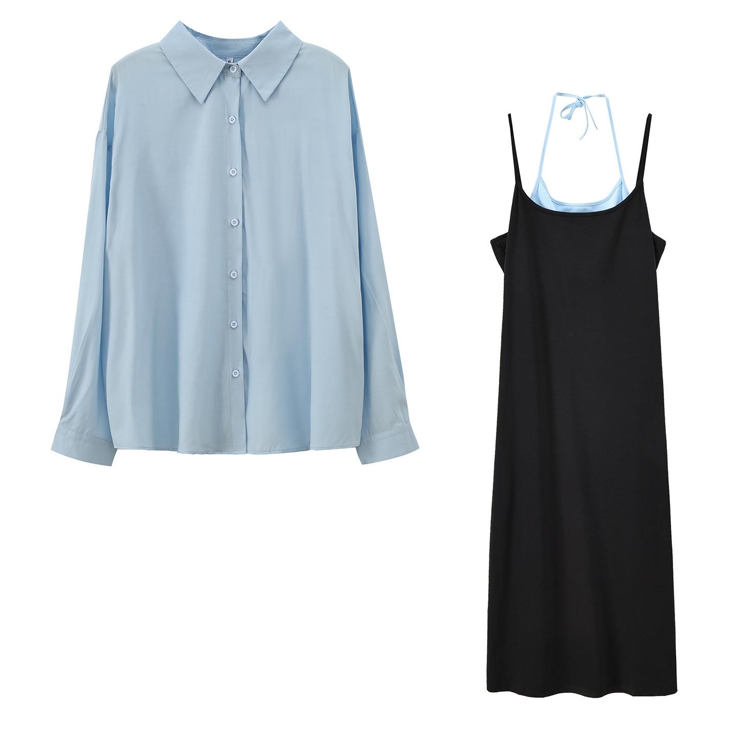 

Korean Plus Size Faux Two-Piece Camisole Dress & Shirt Set for Women - Spring 2026 Lazy Style New Arrival XL (65-73kg) чёрный