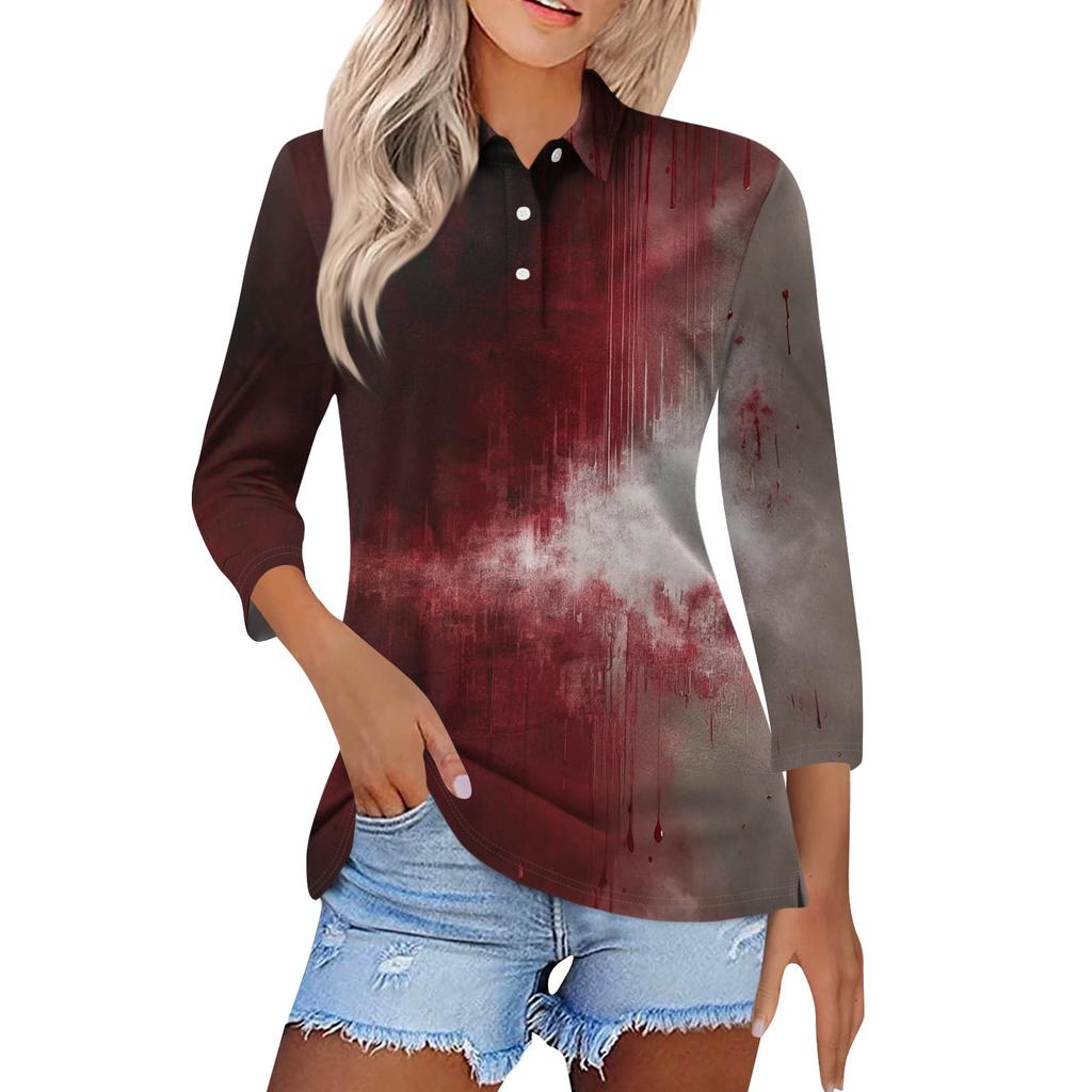 Women's Fashion Casual Lapel Short 3/4 Sleeve Halloween Print Shirt Women's Button Up Tops