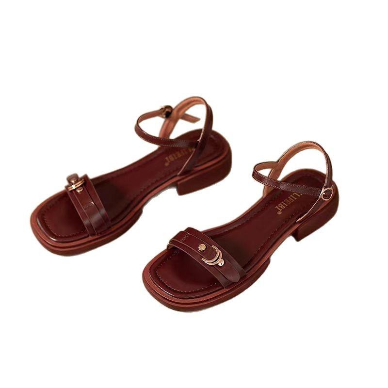 Open-toed sandals women's new spring and summer 2025 brown retro flat-bottomed casual versatile one-word belt women's sandals