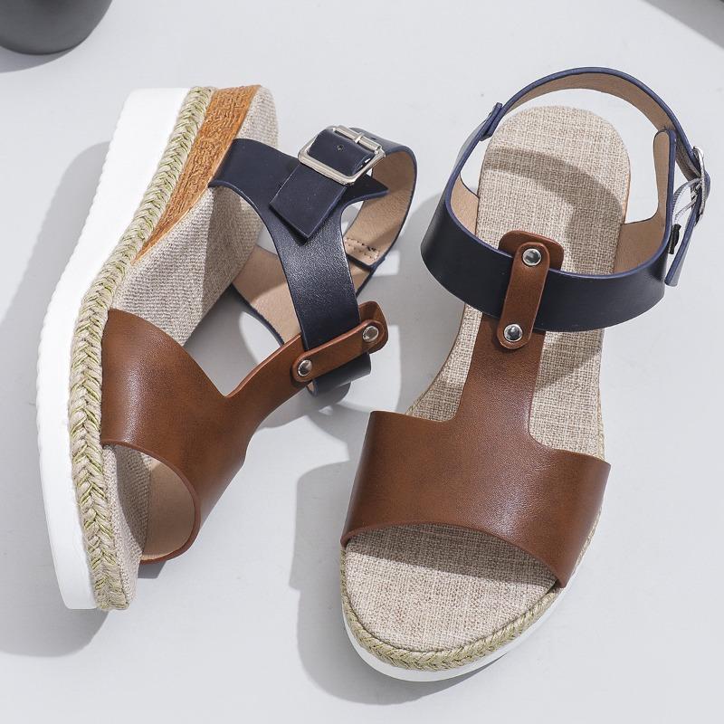 Spring and summer new hemp rope bottom wedge heel sandals women's belt buckle open toe round head platform sandals