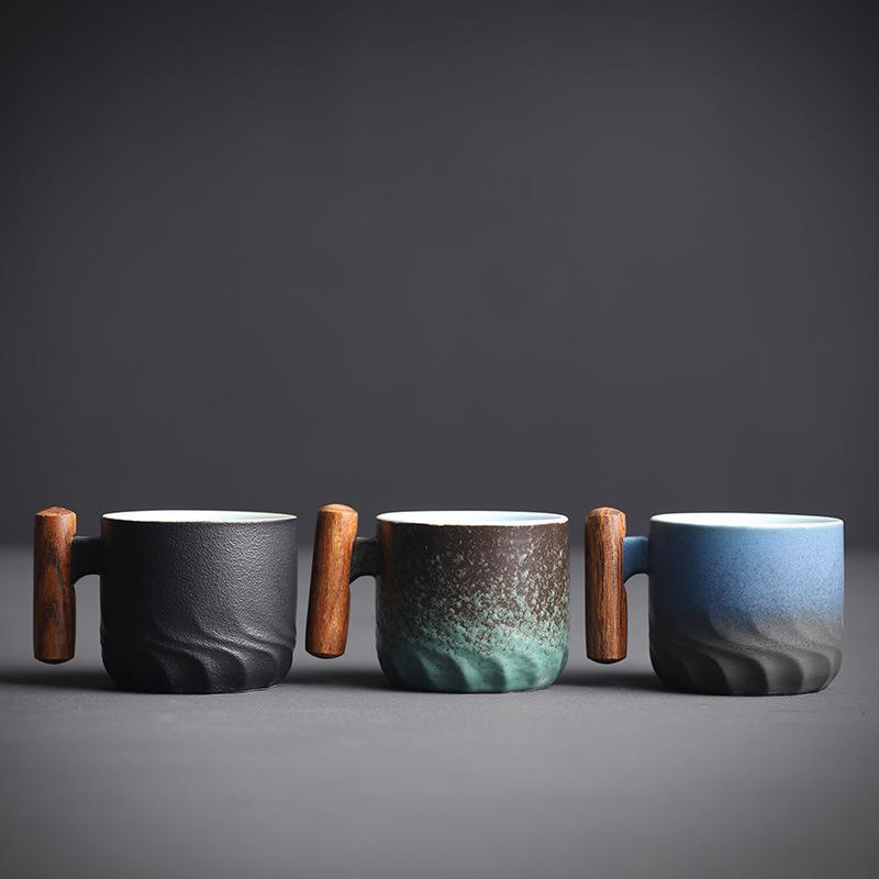 6pcs Set Ceramic Retro Espresso Coffee Cup With Wooden Handle Office Water Cup Tea Mug Ceramic Coffee Mug Handmade Tea Gift Box