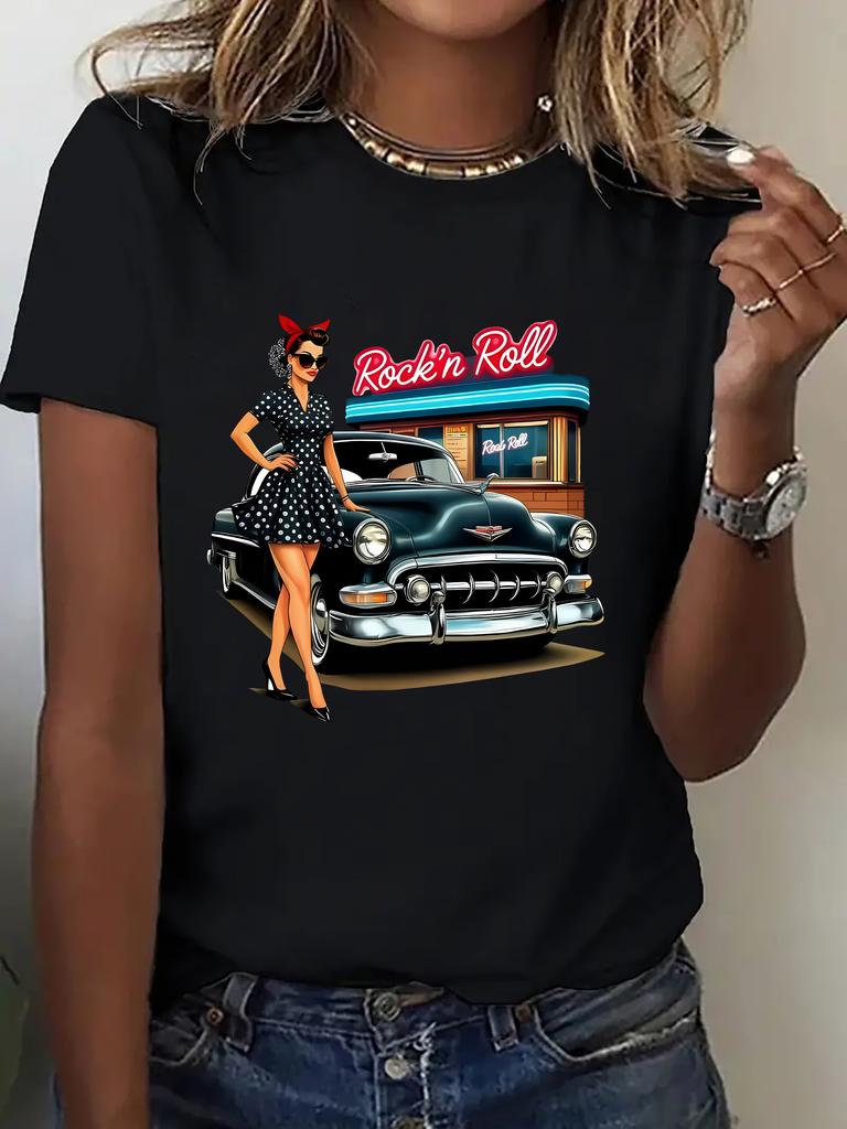 Women's Vintage Rock Style Short Sleeve Unisex T-Shirt - Retro Rock Print Round Neck Top Suitable for Concerts, Festivals & Casual Attire - Casual Spo