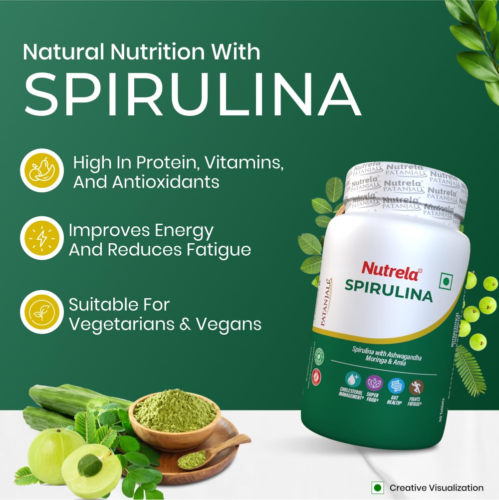 Nutrela Nutrition Spirulina 60 Tablets Pack | High-Protein Superfood For Energy, Immunity & Vegan Health