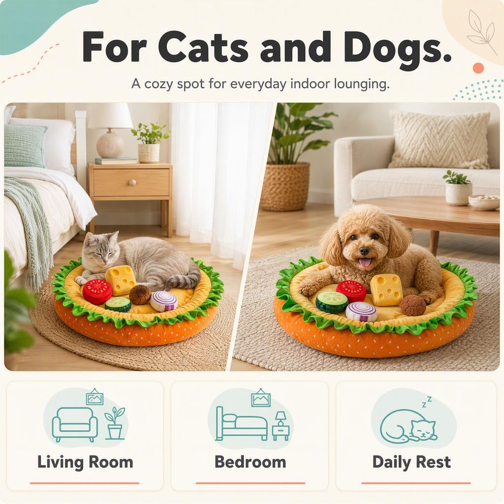 Hamburger Shape Plush Pet Bed for Small Dogs Cats with Lettuce Trim Food Toy Set Round Cushion