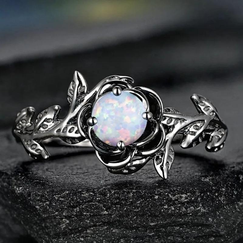 Inlaid Moonstone Rose Flower Rings Women Fashion Ring Romantic Attractive Rings for Women Vintage Metal Inlaid Ring Jewelry