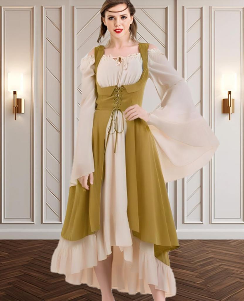 KALAOK Aristocratic European Costume Dress for Women, Stage Costume, Cosplay, Photography, Yellow, Size 2XL