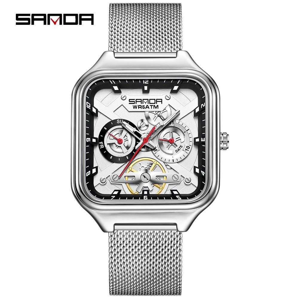 Luxury Men's Quartz Watch Fashion Square Case Week Date Display Waterproof with Silicone/Mesh Band Casual Wristwatch for Men