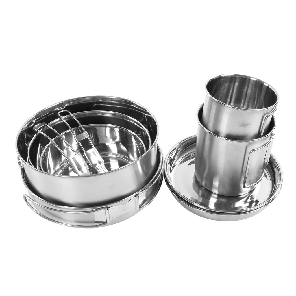 12 Pcs Camping Cookware Set Folding Handle 304 Stainless Steel Portable Picnic Cooking Pot Cup Set