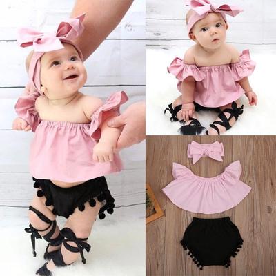 3PCS Infant Newborn Baby Girl Off Shoulder Tops+Shorts Pants+Headband Outfit US