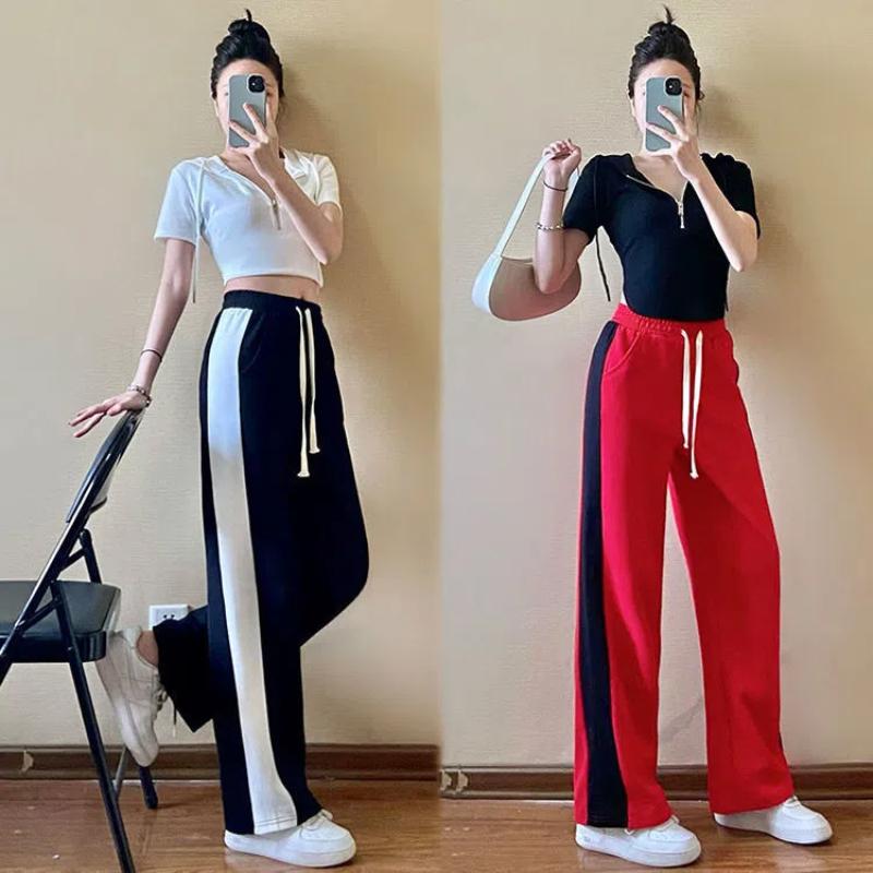 Summer New Women Drawstring Elastic High Waist Pocket Sports Loose Straight Pants