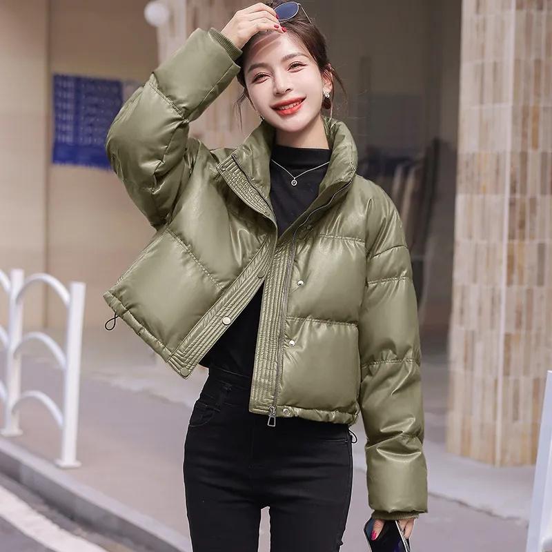 Women Stand Up Collar Short Winter Petite Fashion Bread Warm Thickened PU Leather Down Cotton Jacket for Women