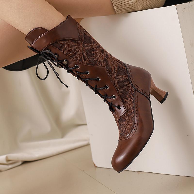 Women's Costume Cosplay Shoes Retro Mid Calf Boots Burnout Kitten Heels Front Bandage Patchwork Boots