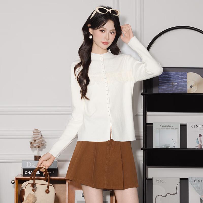 Teloman Women's Pearl Button Knit Cardigan with Lace Splicing