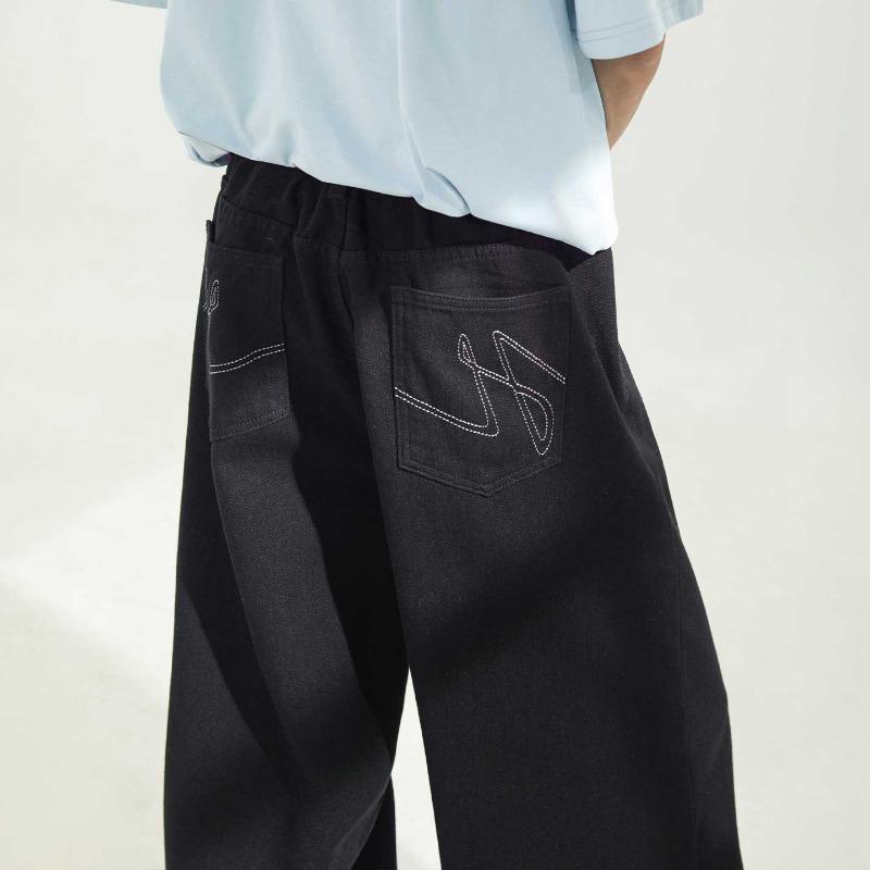 Men Loose Straight Cleanfit Denim Jeans Retro Casual Embroidered Long Pants