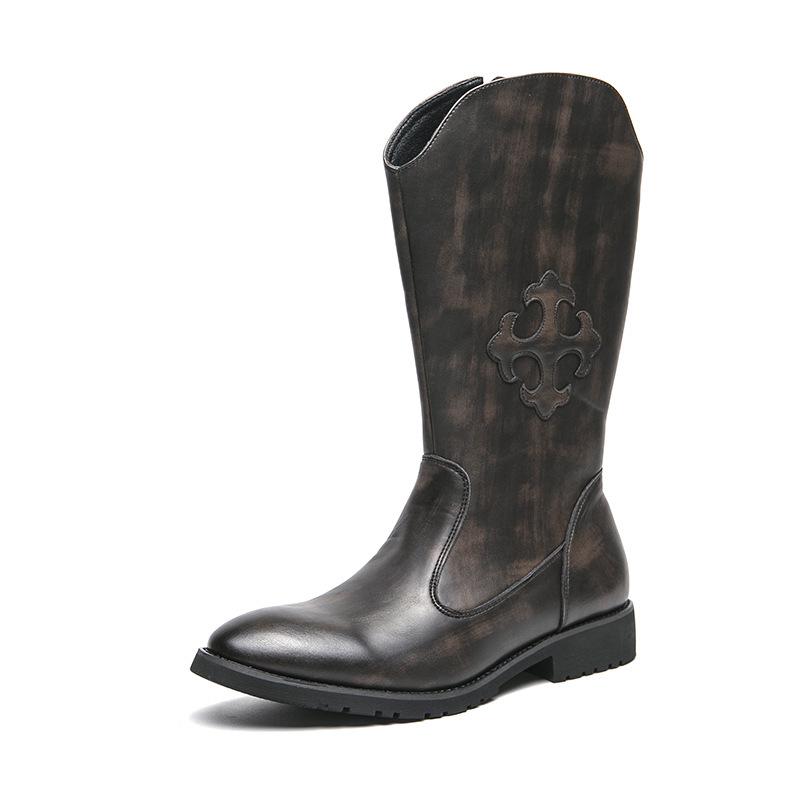 Bottes Western Cowboy en Cuir Mi-Mollet Style Européen & Américain pour Homme avec Fermeture Éclair