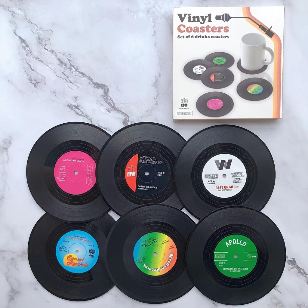 6 Adet Renkli Retro Vinil Plak Disk Bardak Altlığı Komik Etiketlerle - Mobilyaların Kirlenmesini ve Çizilmesini Önleyin
