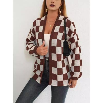 Ladies Knitted Cardigan Color Block Checkerboard Loose Casual Sweater Coat