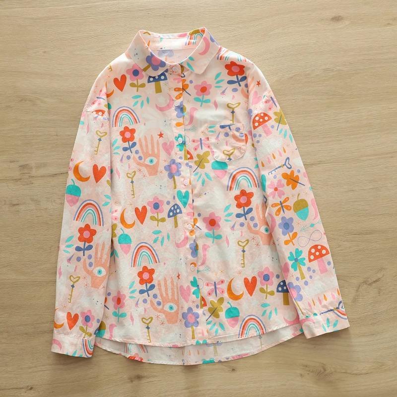 Women Pink Cartoon Print Cotton Lapel Button Down Shirt OneSize оранжевый