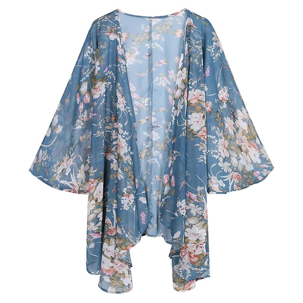 Damen Floral Print Durchsichtiges Chiffon Lockeres Kimono Cardigan Cape Sonnenschutz