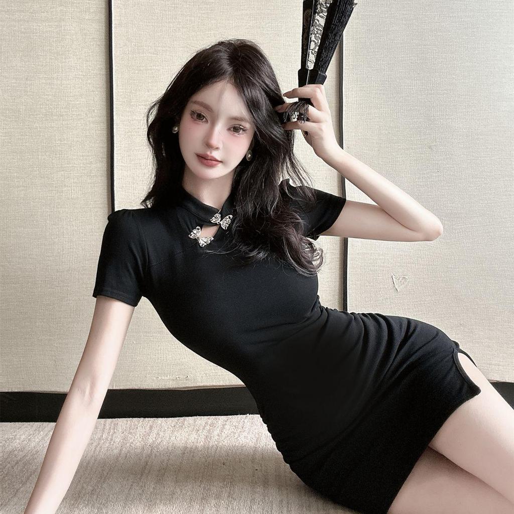 New Chinese Qipao: Waist-Cinching, Hip-Hugging Short Sleeve Dress with 3D Decoration & Hollow Design for a Sexy Summer Look