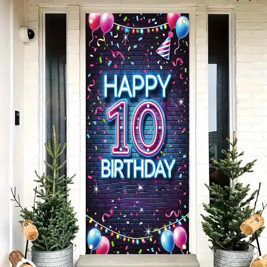 10th Birthday Door Cover Neon Party Decoration Colorful Balloon Gift Banner for Kids Teen Celebration Entrance Boys Girls Photo Booth Backdrop