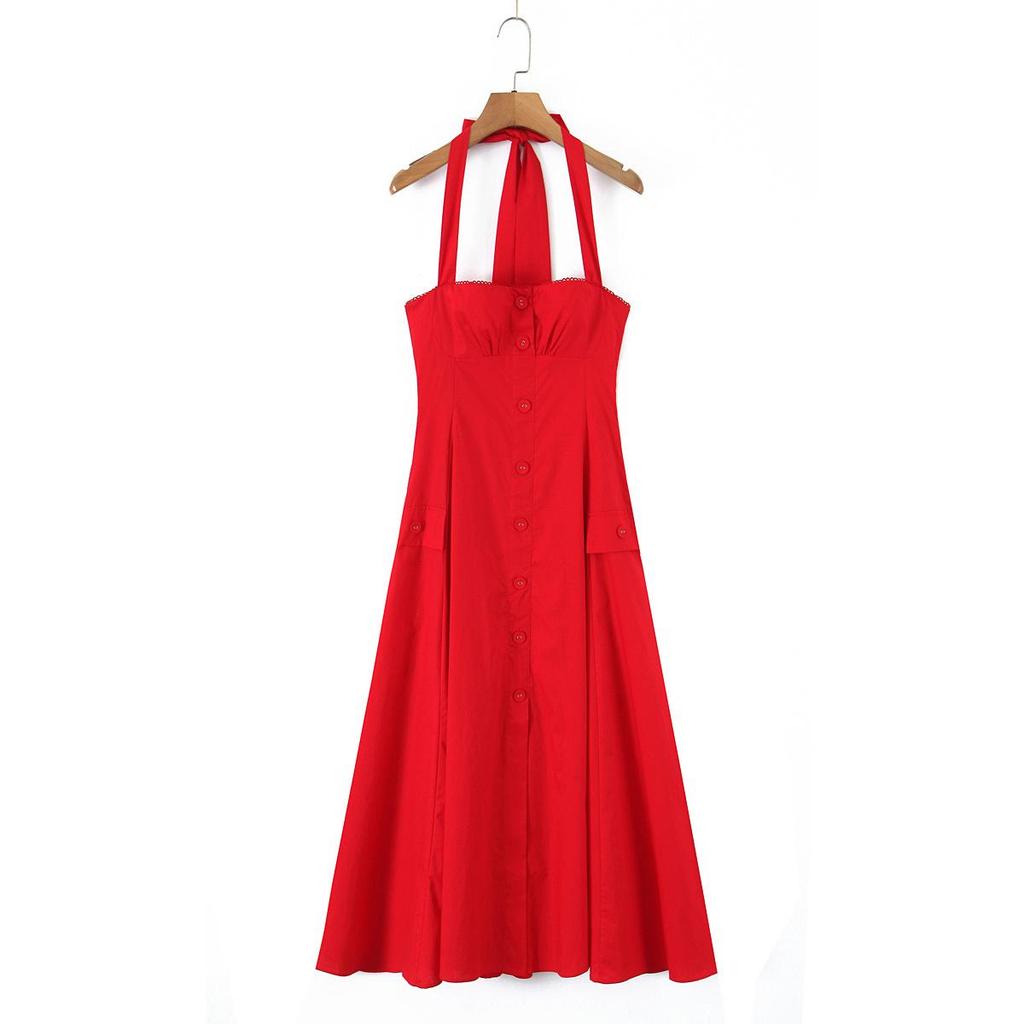 Women's Multi-color Halter Button Midi Camisole Dress - Elegant 2026 New Style