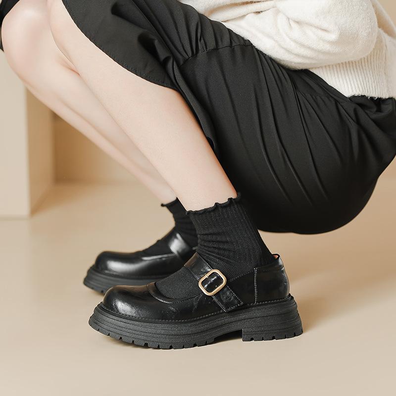Thick-soled JK small leather shoes round head one-word buckle belt retro British style spring and summer new Mary Jane shallow mouth single shoes wome