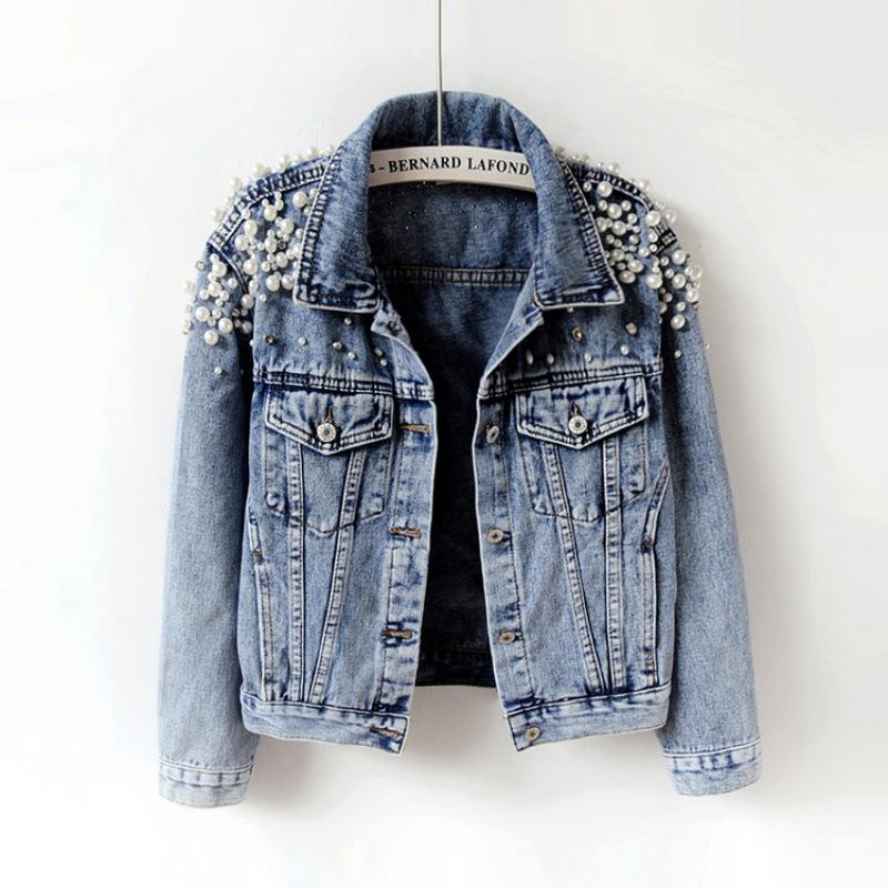 2024 Korean Style Women s Beaded Loose Denim Jacket, Long Sleeve Trendy Top for Spring and Autumn XL