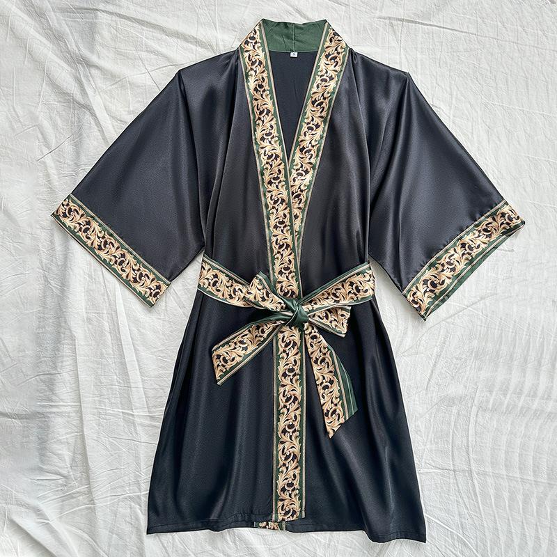 

Ice silk nightgown, simple home wear for all four seasons, sexy mid-length carousel, bathrobe, new Chinese-style bathrobe for women XL чорний