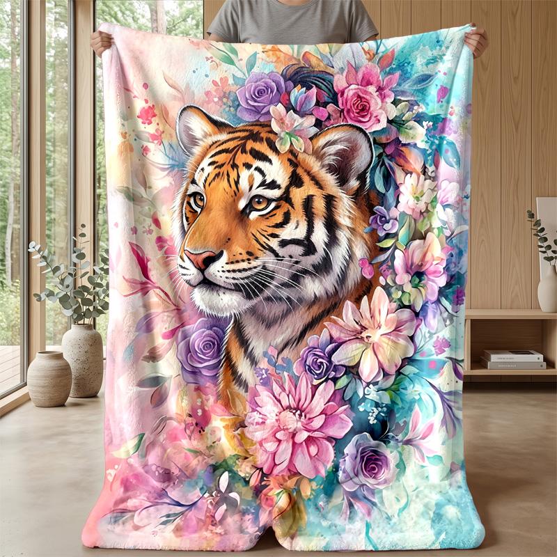Tiger amidst floral splendor Theme blanket Lightweight Warm Flannel Blanket Decorative Throw Blanket for Home Decoration