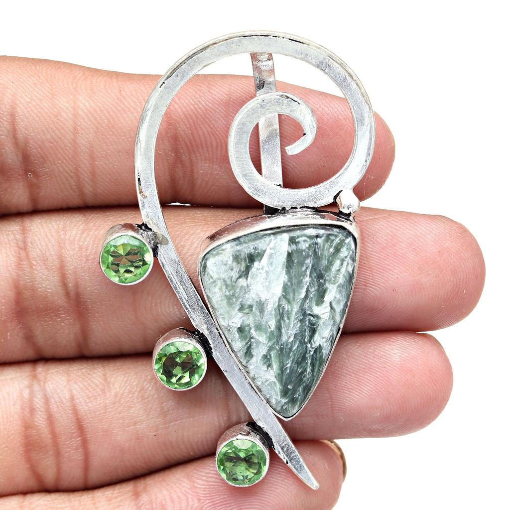 Seraphinite Peridot Gemstone Mother's Day Silver Jewelry Pendant  2.25"