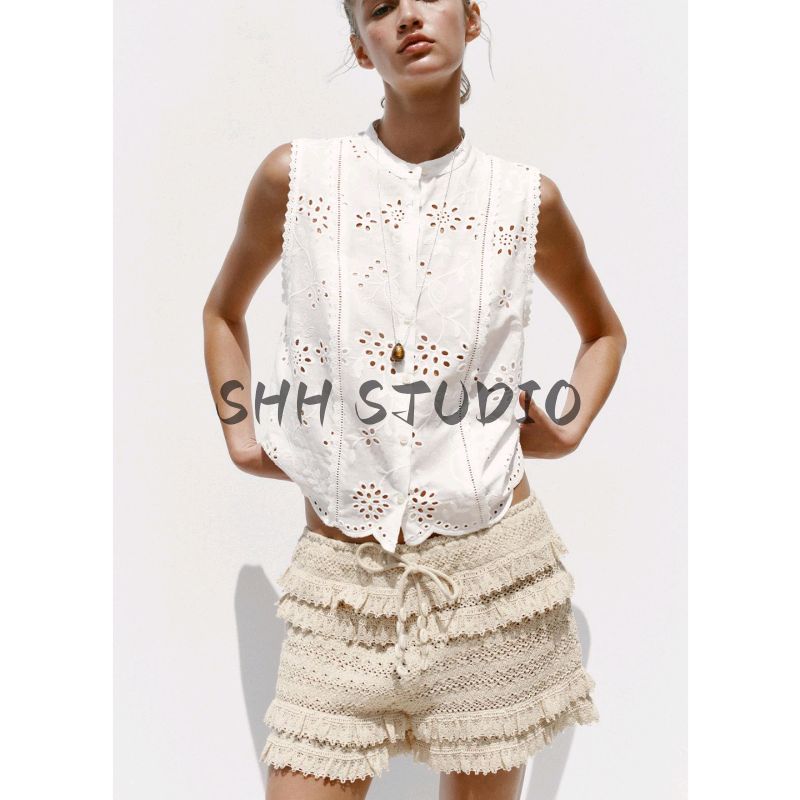 Summer New Product Women's Clothes Minimalist Style Button Decoration Cut Out Embroidered Crew Neck Sleeveless Shirt Tops 8126947